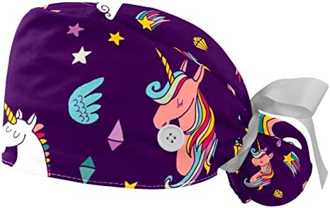 2PCS Cap de trabalho ajustável feminino com botões e banda de suor de um tamanho de unicórnio colorido Padrão de estrelas de