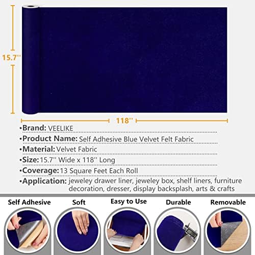 Veelike real azul de veludo de veludo royal casca de papel de parede e revestimento azul de feltro azul 15.7''x118 '' Azul de azul