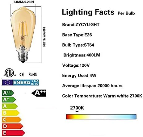 Lâmpada LED de Zycylight Dimmable, lâmpada de Edison de 4W, equivalente a 40W, lâmpada de filamento de LED vintage de 4W, lâmpada ST64 LED, 2400-2700K, base de parafuso médio E26, tampa de vidro âmbar, 10 pacote