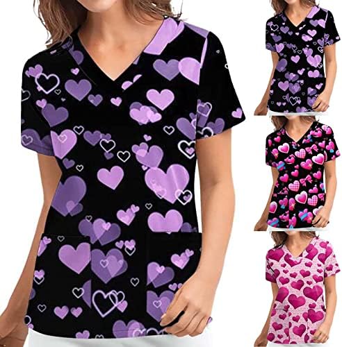 Summer Scrub_tops para mulheres em todos os corações Impressão enfermeira Vowarwear V Bloups de manga curta com bolsos