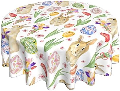Spring Tulip Rabbits Tabela de aquarela de ovo Tabela de mesa redonda Toca de mesa de mesa de mesa e refeições laváveis ​​resistentes à água Decorativa para decoração de piquenique em casa de férias 60 polegadas