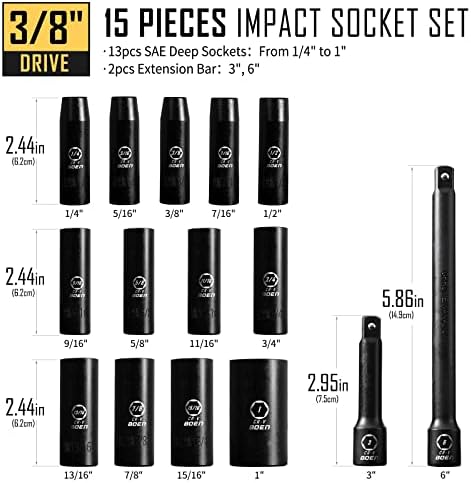 Conjunto de peças de 18 peças, incluindo SAE 3/8 Drive Deep Impact Socket Set, soquete de impacto do protetor da roda da roda de 1/2 métrica, com estojo durável, projeto de 6 pontos