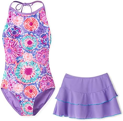 SetMVVQ Girls One Piece Swimsuit com saia de natação Suits de banho floral roxo de 3 a 14 anos