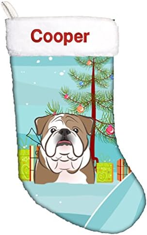 Tesouros de Caroline BB1591CSEMB Árvore de Natal e Bulldog English Meias de Natal personalizadas, lareira pendurando meias de Natal