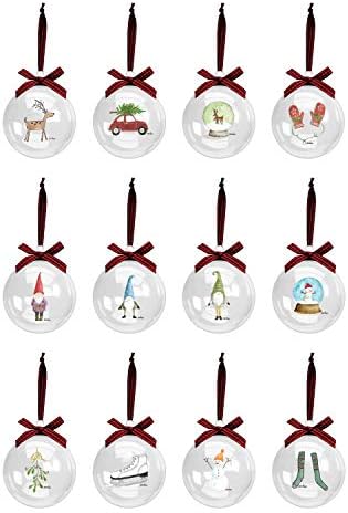 Rae Dunn Ornamentos de Natal - Conjunto de 12 bolas de vidro transparente com designs de férias fofos - 60mm / 2,36 polegadas