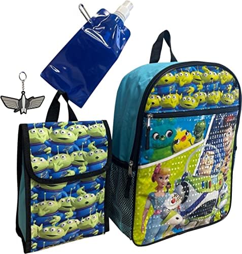 Toy Story Backpack Large 5 PC Conjunto com lancheira, chaveiro, garrafa de água dobrável e clipe de metal de carabineiro