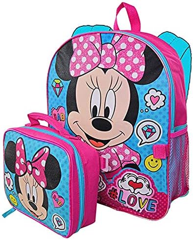 Walt Disney Studio Minnie Mouse Backpack School Supplies Pacote ~ Minnie Lunch Bow e Backpack Set com Minnie Mouse Water Bottle e 300 mais de adesivos