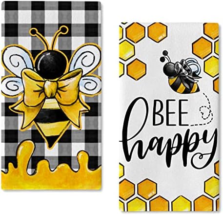 Seliem Summer Bumble Bee Happy Inspirational Kitchen Kitchen Toalhas Conjunto de 2, Honeycomb Hand Hand Towel Búfalo Verifique