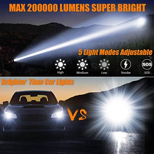Lanternas recarregáveis ​​Max 200000 altas lúmens, lanterna LED super brilhante de 30w, lanterna brilhante de alta potência para emergências/engrenagem de acampamento, zoomable, à prova d'água, 5 modos, luz de flash de mão USB