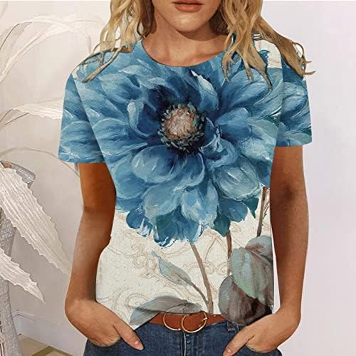 Camista de algodão feminina Manga curta Crewneck Boat Pintura de tinta gráfica impressão Floral Lounge Top Camisa Girls J6