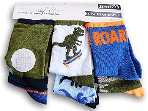 Vista Dinosaur 6 Pack Socks- apresenta padrões de dinossauros em verde, azul e branco- 2T-4T