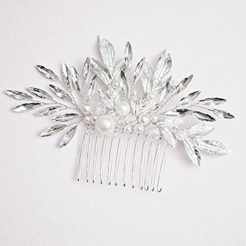 UniCra Silver Bride Wedding Leaf Hair Comb CRTSTAL Capacete de noiva Acessórios de cabelo Pearls para mulheres e meninas