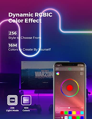 Nergbon RGB-IC LUZ LED LUZ, Luz de corda de néon dinâmico com remoto, sincroniza com música, auto-adesivo, flexível de néon flexível