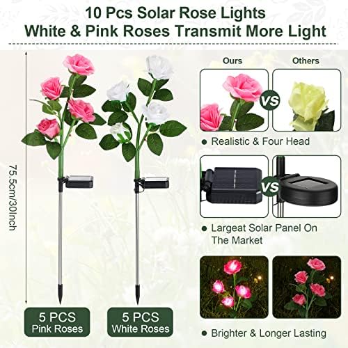 10 PCs Solar Rose Lights Outdoor Perra impermeável Luzes de flores de Jardim com 40 Rosas Flores 7 Cor Mudança Decorativa LED