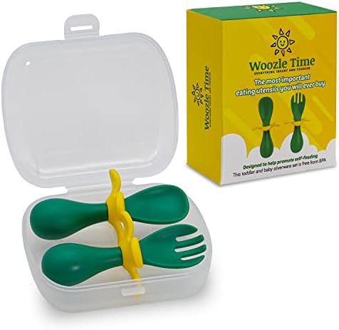 Woozle Time - Fork e Spoon para criança - Primeira alimentação - Utensílios de treinamento - utensílios anti -gargalhadas - Baby Auto -alimentação colher e garfo, verde/amarelo