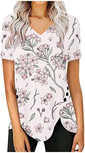 Ayaso feminino 2023 camisetas casuais de verão V de pescoço de manga curta de túnica de túnica decoração de impressão