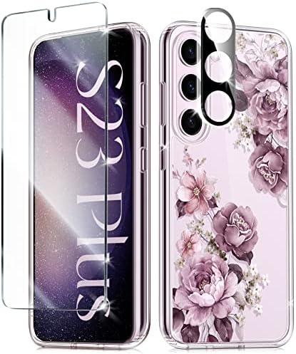 Guovlin para Samsung Galaxy S23 Plus Caso, [protetor de tela+protetor de lente da câmera] Flower Shocksoff Hard Back & Soft Edge Clear Floral Women Protetive Phone Tampa, 6,6 polegadas 2023