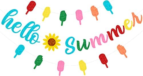 Decorações de festas de verão, olá banner de verão, guirlanda colorida de picolé de verão de verão, bandeira de girassol no verão