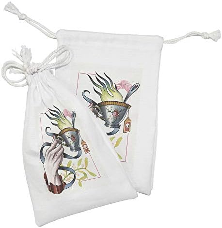 Conjunto de bolsas de tecido de arte tridada lunarable de 2, mão de chá vintage antiquada de mão feminina com design bizarro de crânio, pequena bolsa de cordão para máscaras e favores de produtos de higiene pessoal, 9 x 6, multicolor