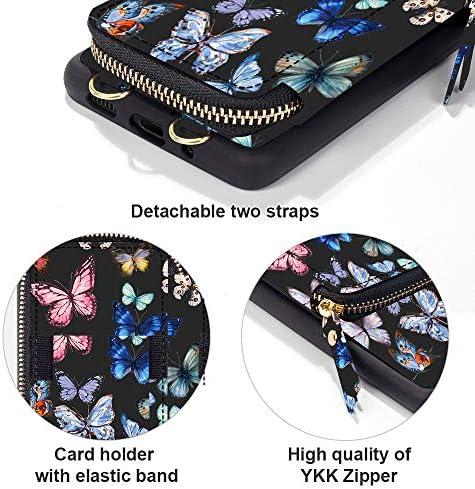 Caixa Zve Zipper Butterfly para iPhone 12 Pro & 12, iPhone 12 bolsa com suporte de carteira de correntes de correntes de cartão para meninas -mulheres -borboleta colorida
