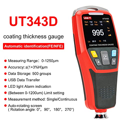 UNI-T UT343D Digital Coating espessura do medidor de medidores Faixa de 0 a 1250um com função de dados USB
