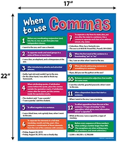 ZOCO - Quando usar o Poster Commas - gráfico de pontuação - laminado, 17 x 22 polegadas - Posters de Artes/Gramática do Linguagem para Elementar, ensino médio, ensino médio - Decoração de sala de aula de inglês