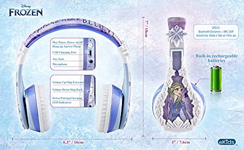 Ekids Disney Frozen 2 fones de ouvido Bluetooth com microfone, volume reduzido para proteger fones de ouvido sem fio ajustáveis ​​para viagens em casa, para fãs de Anna e Elsa