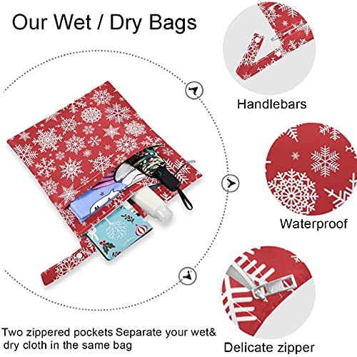 VISESUNNY Snowflake de Natal Padrão vermelho 2pcs bolsa molhada com bolsos com zíper lavandable reutilizável para viajar, praia, piscina, creche, carrinho, fraldas, roupas de ginástica sujas, roupas de banho molhadas, produtos de higiene pessoal