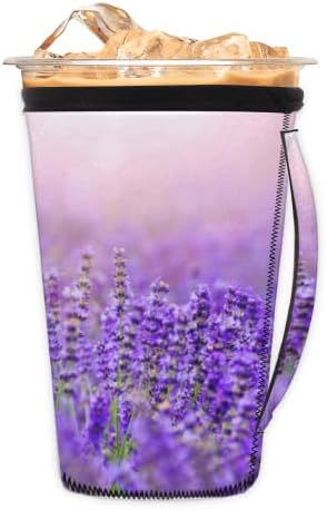 Manga de café gelada de flor de lavanda roxa com alça, reutilizável portador de xícara de capa de café com capa de capa de neoprene para bebidas frias quentes, cabeças de café de 24-28 oz, médias