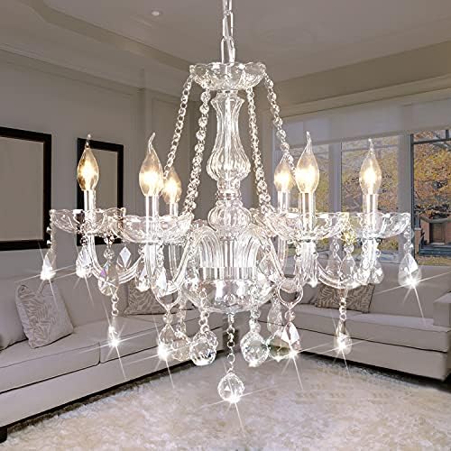 Iluminação clássica de vela de cristal vintage, 6 luzes de lâmpada de acessório de teto pendente, lustre de luxo para sala de jantar quarto decoração elegante D23.6 x L47.2 de cristal
