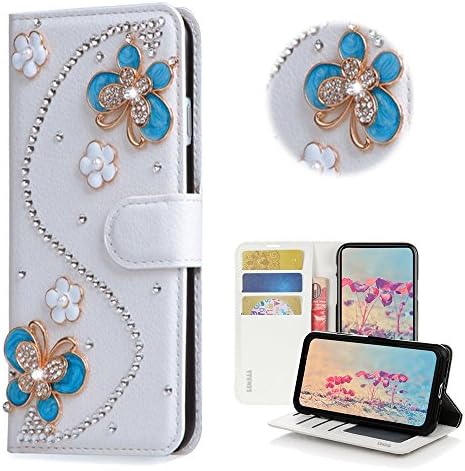 STENES Galaxy Note 3 Caso - Stylish - 3D Flores de cristal de cristal de Bling Slots de carteira magnética de borboleta Butterfly Slots Dobra Tampa de couro para Samsung Galaxy Note 3 - Azul