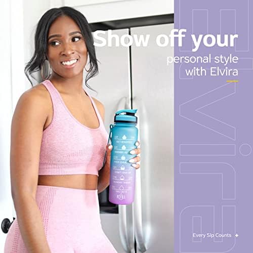 Elvira 32 oz grande garrafa de água com marcador de tempo motivacional e filtro removível, fluxo rápido sem tóxico para fitness,