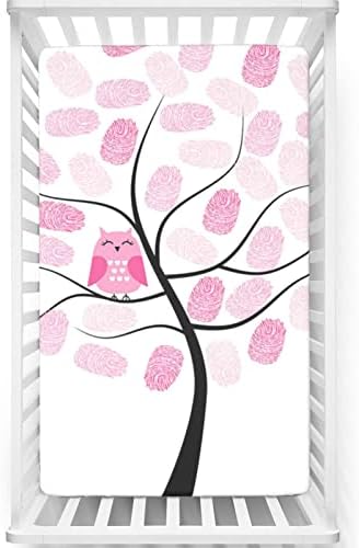 Folha de berço com tema de impressão de coruja, lençóis de colchão de berço padrão lençóis macios e respiráveis ​​lençóis para meninas para meninos, 28 “x52”, cinza de carvão branco rosa