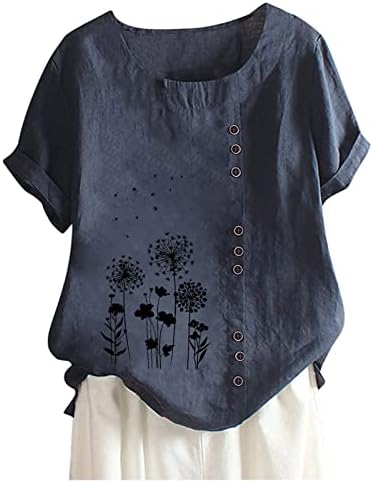 2023 camisetas de verão para feminino de linho de linho de algodão Tops Tops Trendy Floral Impresso de manga curta Camisas de túnica