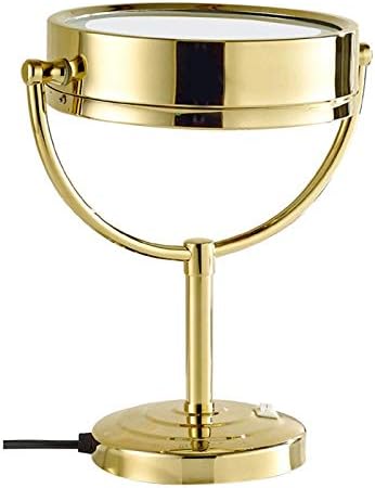 Espelho de maquiagem zaahh com luz e ampliação, espelhos de vaidade em pé dupla face a ouro de 8 polegadas, espelhos iluminados de bronze de rotação de 360 ​​°, 5x