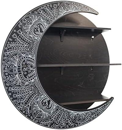 Standish House Moon Decor - prateleira da lua de 16 polegadas para pedras e exibição de cristal - prateleira de sotaque de madeira artesanal - decoração de parede da fase da lua crescente - prateleira de exibição de cristal de estilo mandala - Boho Home Décor
