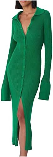 Mulheres Bodycon Clebed Knit Sweater Dress Botão de lapela de manga longa Vestido maxi de manga longa Casual Cardigan Long Cardigan Dress