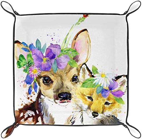 Bandeja de manobrista de couro, floresta animal fofo fox raposa veado ilustração aquarela, caixas de armazenamento Organizador de