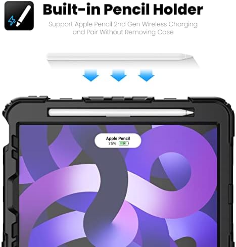 Seymac iPad Air 5th Gen 2022 e iPad Pro 11 Caso 2022/2021/2020/2018 & iPad Air 4 10,9 ”Caixa, estojo à prova de choque com protetor de tela, alça de mão/suporte, alça de ombro, porta -lápis para iPad Air 5/4, preto