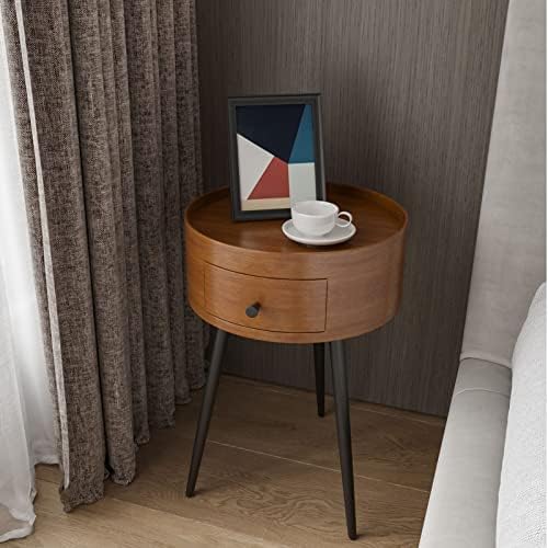 Dypasa NightStand Table de madeira redonda da mesa de madeira mesa lateral com 1 gavetas, pequeno sofá de mesa de cabeceira