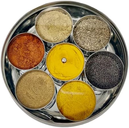 Caixa de masala de aço inoxidável DK, caixa de especiarias de aço inoxidável, masala de aço inoxidável Dabba, aço inoxidável para chefs com 7 especiarias de qualidade premium diferentes incluem por Rani Foods Inc