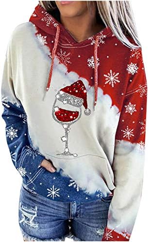 Arystk Christmas Fashion Feminino Capuz Feliz Natal Vinho de vinho tinto com capuz Contraste Contraste Tops de camiseta