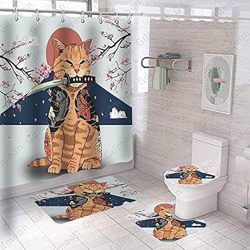 Gdmoon Japanese Curta do chuveiro de gato Samurai Kitty Funny Funny Ukiyo-E Animal Ink Cultura Red Sun Fuji Mountain Plum
