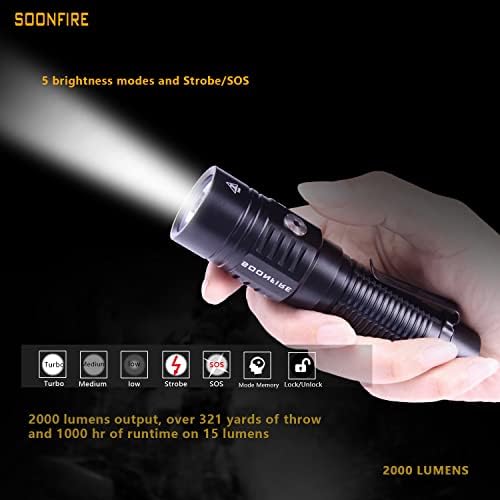 Soonfire E15 2000 Lumens luminou a lanterna super brilhante, a luz compacta de lúmens altos, alimentada por bateria recarregável