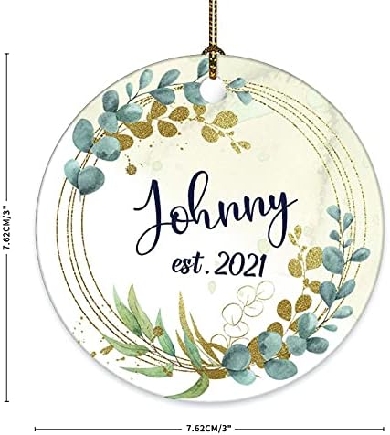 Nome e data personalizados Ornamentos de cerâmica de cerâmica Flor Wreatch 2021 Impressão de dupla face 3x3 polegadas