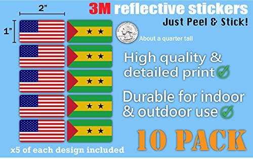 3M Reflexivo São Tomé e Principe e os adesivos de bandeira dos EUA | Decalques de segurança versáteis | Chapéus, laptops, bicicletas, caixas de ferramentas