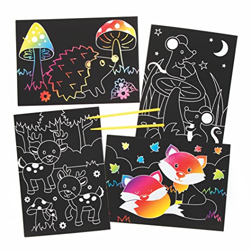 Baker Ross Woodland Animal Scratch Art Pictures - pacote de 8, arco -íris Arte, pacotes de atividades infantis, atividades criativas para crianças