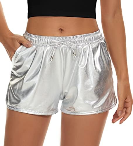 Taydey Shorts metálicos para mulheres quentes shorts brilhantes brilhantes com cordão elástico