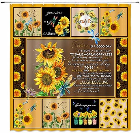 Farmhouse Girlower chuveiro Cortina citações inspiradoras cair Flores amarelas rústicas Dragonfly Vintage Floral Motivation