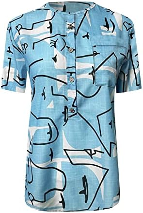 T-shirt de verão feminino Nokmopo Top casual de linho de linho de linho de linho impresso de colarinho de colarinho de mangas